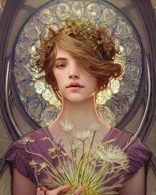 Image similar to dandelion | highly detailed | very intricate | art nouveau | gold filigree | storybook illustration | soft cinematic lighting | award - winning | painted by mandy jurgens and alphonse mucha and alena aenami | pastel color palette | featured on artstation