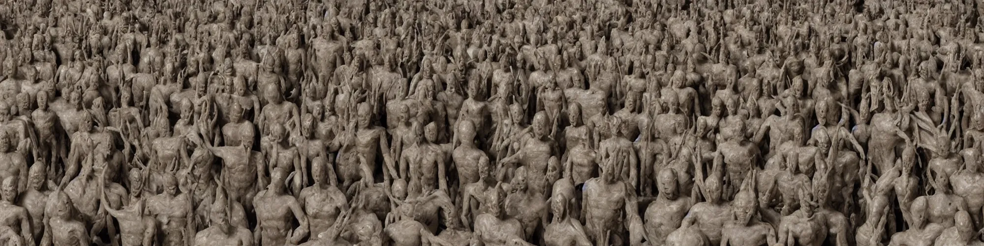 Prompt: hundreds of humans. A sea of humans. interconnected flesh. Melting clay golem humans. Dungeons&Dragons: Lemure. Lemure creature. Demonic scene. Many humans intertwined and woven together. Bodies and forms amesh. Extremely unsettling artwork. Clay sculpture by Alberto Giacometti.