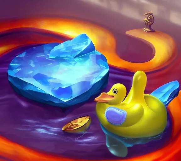 Prompt: gemstone in the shape of a rubber duck floating in a pool of perfume, mystical, enigmatic, digital oil painting, trending on artstation