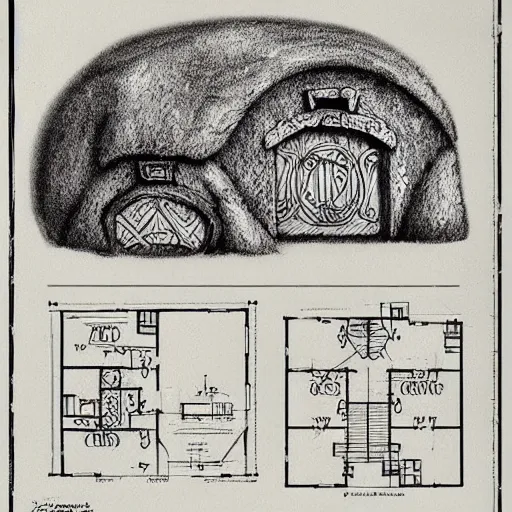 Image similar to blueprints for a hobbit cottage