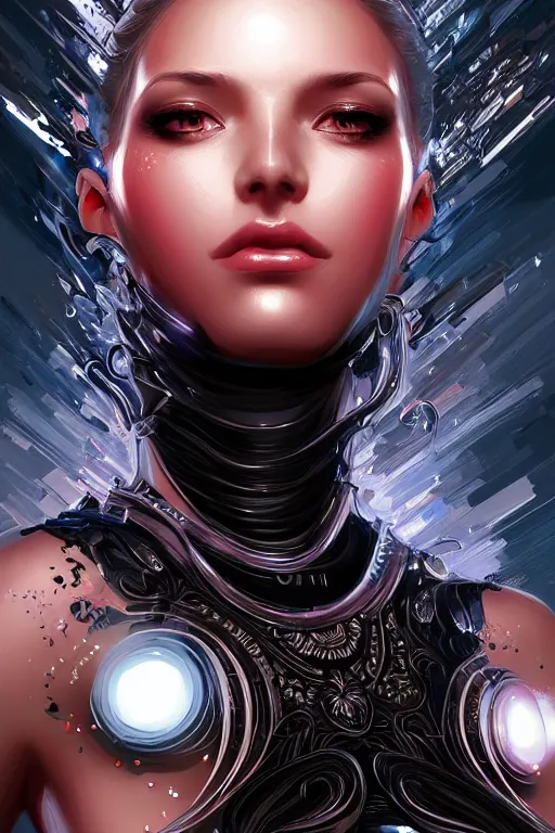 Image similar to beautiful female android in distress!, black shiny eyes, half portrait, background explosion, intricate detailed environment, floro details, intricate, elegant, highly detailed, digital painting, artstation, concept art, smooth, sharp focus, illustration, art by artgerm and brian sum