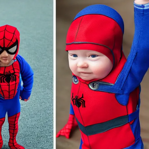 Image similar to realistic photo of baby wearing spiderman costumes