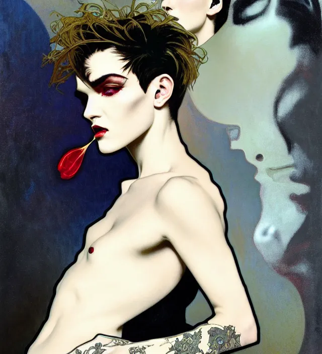 Image similar to stunning portrait of highly details androgynous ruby rose as desire from sandman, rockabilly style, by ego shield, by alphonse mucha, by jeremy mann, by peter lindbergh, dave mckean, by maurice sapiro, by frank moth, white suit and black tie, soft lightning, high detailed, 8 k