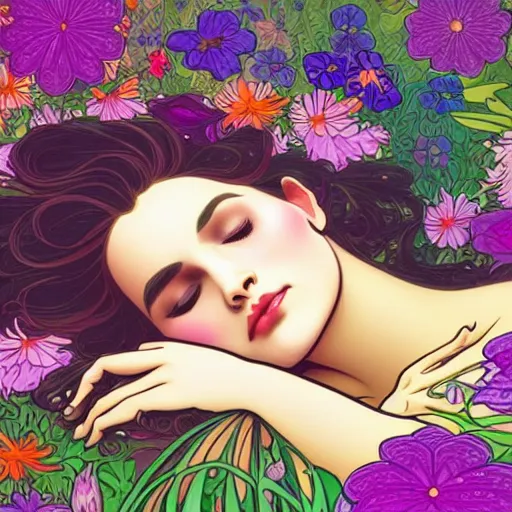 Image similar to a woman sleeping in the middle of flowers, confident pose, intricate, elegant, sharp focus, illustration, highly detailed, concept art, matte, trending on artstation, lisa frank, alfons mucha