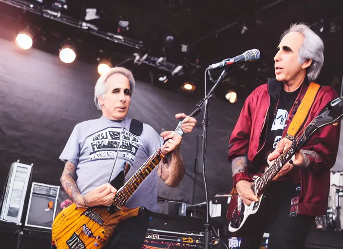 Image similar to photo still of henry winkler on stage at vans warped tour!!!!!!!! at age 3 3 years old 3 3 years of age!!!!!!!! shredding on guitar, 8 k, 8 5 mm f 1. 8, studio lighting, rim light, right side key light