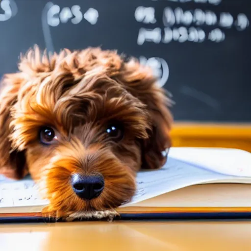 Prompt: a photo of a confused brown cavoodle dog in calculus class, frontal view, paws on head, blackboard in background, bokeh, detailed, golden hour sunlight