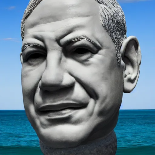 Image similar to a giant benjamin netanyahu head sculpture in the sea made out of jelly, long shot, hyper detailed, hyper realistic, ray tracing, 8 k resolution, sharp focus, realistic water, award winning