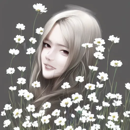 Prompt: portrait of a happy person in a field of white flowers, male, gentle lighting, shading, digital illustration, pixiv, by Artgerm