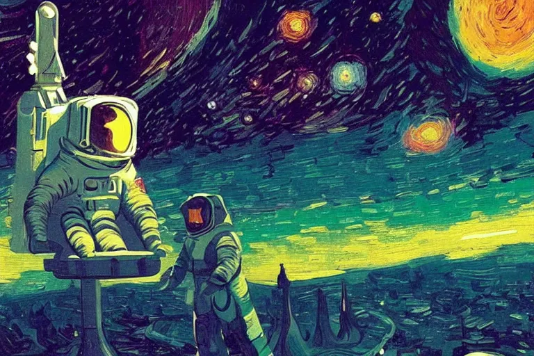 Prompt: digital painting of an astronaut in space, by paul lehr and vincent di fate and van gogh, highly detailed, intricate, sharp focus, science fiction, galaxies, stars, supernova, black hole, galaxy, planet, void, artstation, cinematic lighting, studio ghibli color pallette, trippy, retrofuturism
