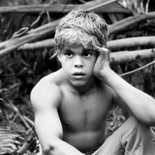 Image similar to jake t. austin plays ralph in lord of the flies ( 1 9 6 3 ), 3 5 mm black and white, highly detailed, cinematic lighting