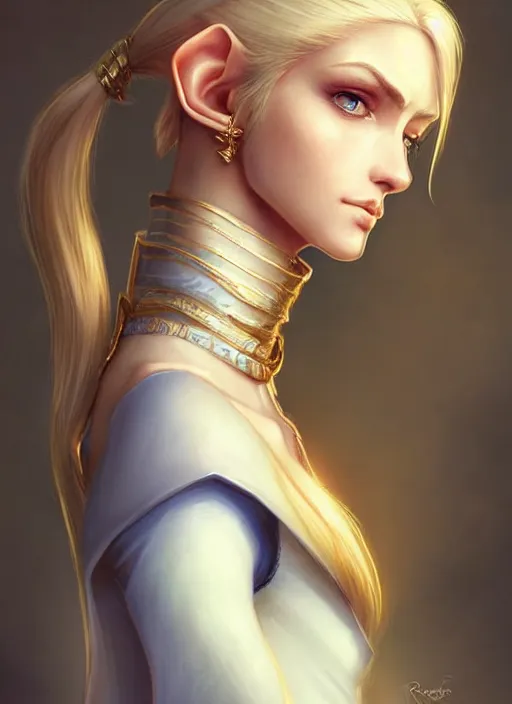 Prompt: bust portait of beautiful elf lady, white skin, blue eyes, golden hair, single long tied ponytail, serious look, sleeveless turtle neck sweater, earrings, highly detailed, high fantasy, smooth, sharp focus, digital illustration, by rossdraws, frank franzzeta, artgerm