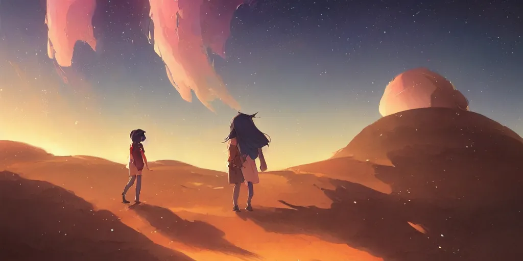 Image similar to desert with sky with stars by studio ghibli, pixar and disney animation, sharp, anime key art by rossdraws greg rutkowski craig mullins, bloom, back lighting