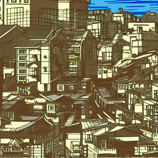 Prompt: japanese town, neighborhood, japanese city, underground city, modern city, tokyo - esque town, 2 0 0 1 anime, cel - shading, compact buildings, sepia sunshine