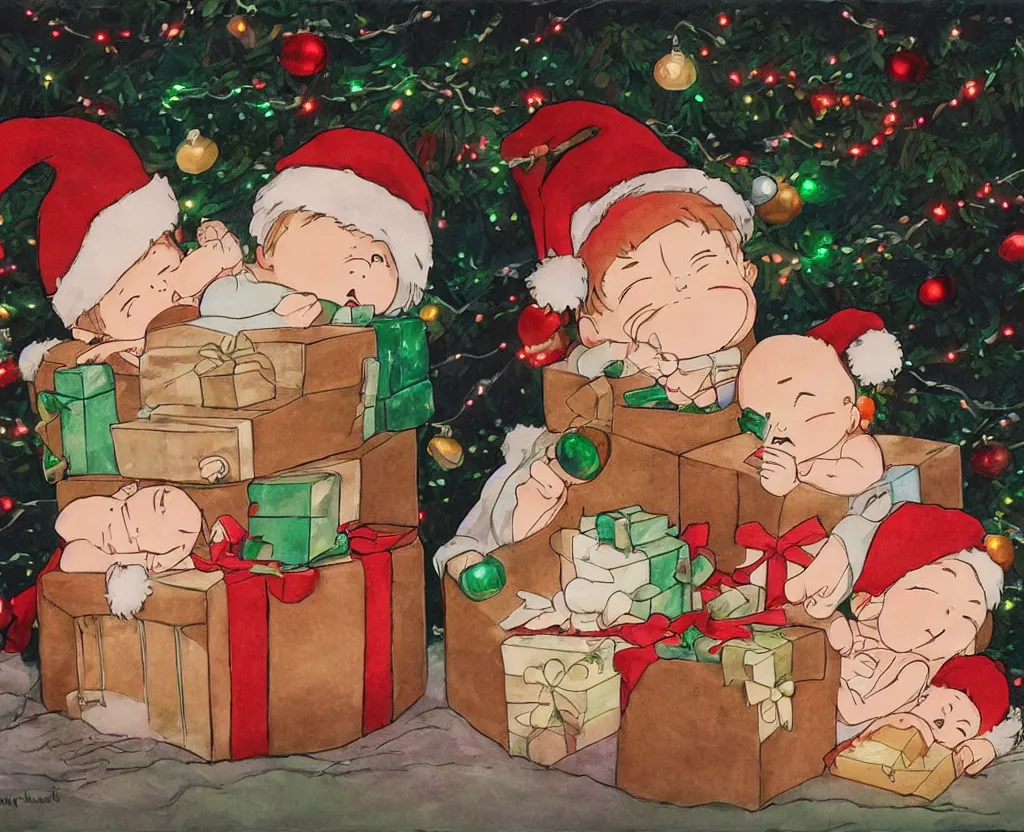 Image similar to Two twin babies in a gift box, christmas lights, very detailed, art by Studio Ghibli