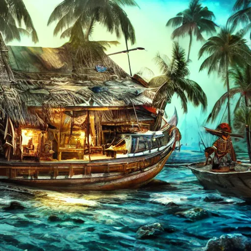 Image similar to tropical pirate shanty town, watercolor, dramatic lighting, cinematic, establishing shot, extremely high detail, foto realistic, cinematic lighting, pen and ink, intricate line drawings, post processed, concept art, artstation, matte painting, style by Steven Spielberg, Peter Jackson, art germ -800