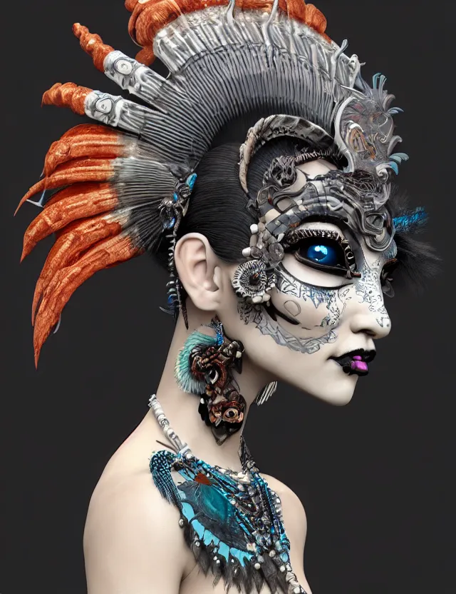 Image similar to 3 d goddess close - up profile portrait punk with mohawk in victorian style with ram skull. beautiful intricately detailed japanese crow kitsune mask and clasical japanese kimono. betta fish, jellyfish phoenix, bio luminescent, plasma, ice, water, wind, creature, artwork by tooth wu and wlop and beeple and greg rutkowski