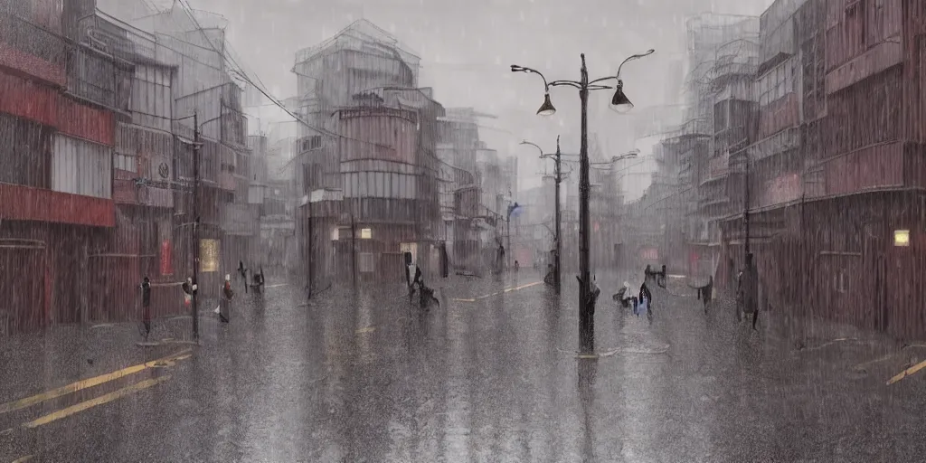 Image similar to a typical japanese city street in the rain, vermeer painting, dark academia aesthetic, matte painting, photorealistic, grey overcast day