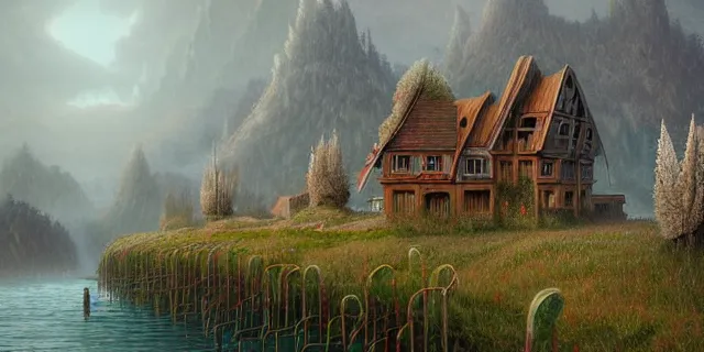 Image similar to painting costal villages overrun with weeping willows surrounded by a swap by tomasz alen kopera and cornelius dammrich with futuristic wood castle by eddie jones and simon stahlenhag