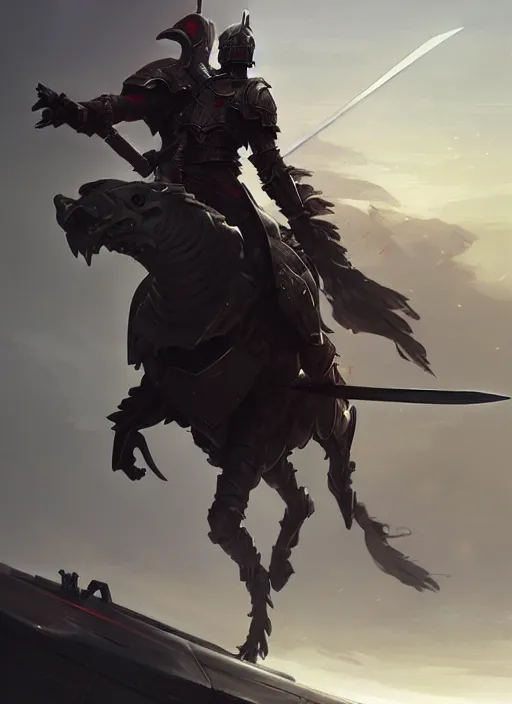 Image similar to epic war commander with futuristic helmet holding two gigantic sword and riding a standing horse. highly detailed, digital painting, concept art, smooth, sharp focus, illustration, art by greg rutkowski