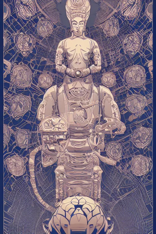 Prompt: a study of cell shaded Vector illustration of a cyborg robot buddha inside of a lotus flower , golden ratio, screen print poster, character concept art by character concept art by josan gonzalez, james jean, Mike Mignola, Laurie Greasley, highly detailed, sharp focus, sharp linework, clean strokes, motherboard, Artstation, deviantart, artgem