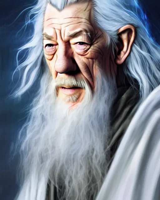 Image similar to portrait Anime joyful Gandalf Ian McKellen; White robe with wooden wizard staff, elven background || cute-fine-face, pretty face, realistic shaded Perfect face, fine details. Anime. realistic shaded lighting by katsuhiro otomo ghost-in-the-shell, magali villeneuve, artgerm, Jeremy Lipkin and Michael Garmash and Rob Rey Ilya Kuvshinov