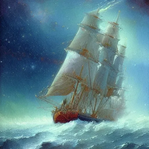 Image similar to sailing ship, cosmic nebula!!!!!!!!!!!!!, artstation, by andrea rocha, by ivan aivazovsky, by john harris, impressionism, watercolor, dramatic scenery, hdr