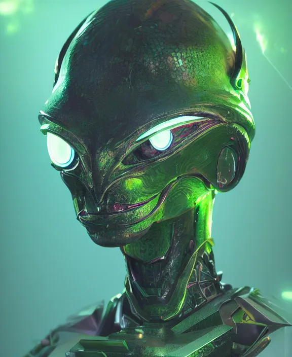 Prompt: a detailed character concept of a menacing armoured alien with glowing green eyes and a crown of jade and topaz crystals by Moebius and Beeple, 4k resolution, photorealistic
