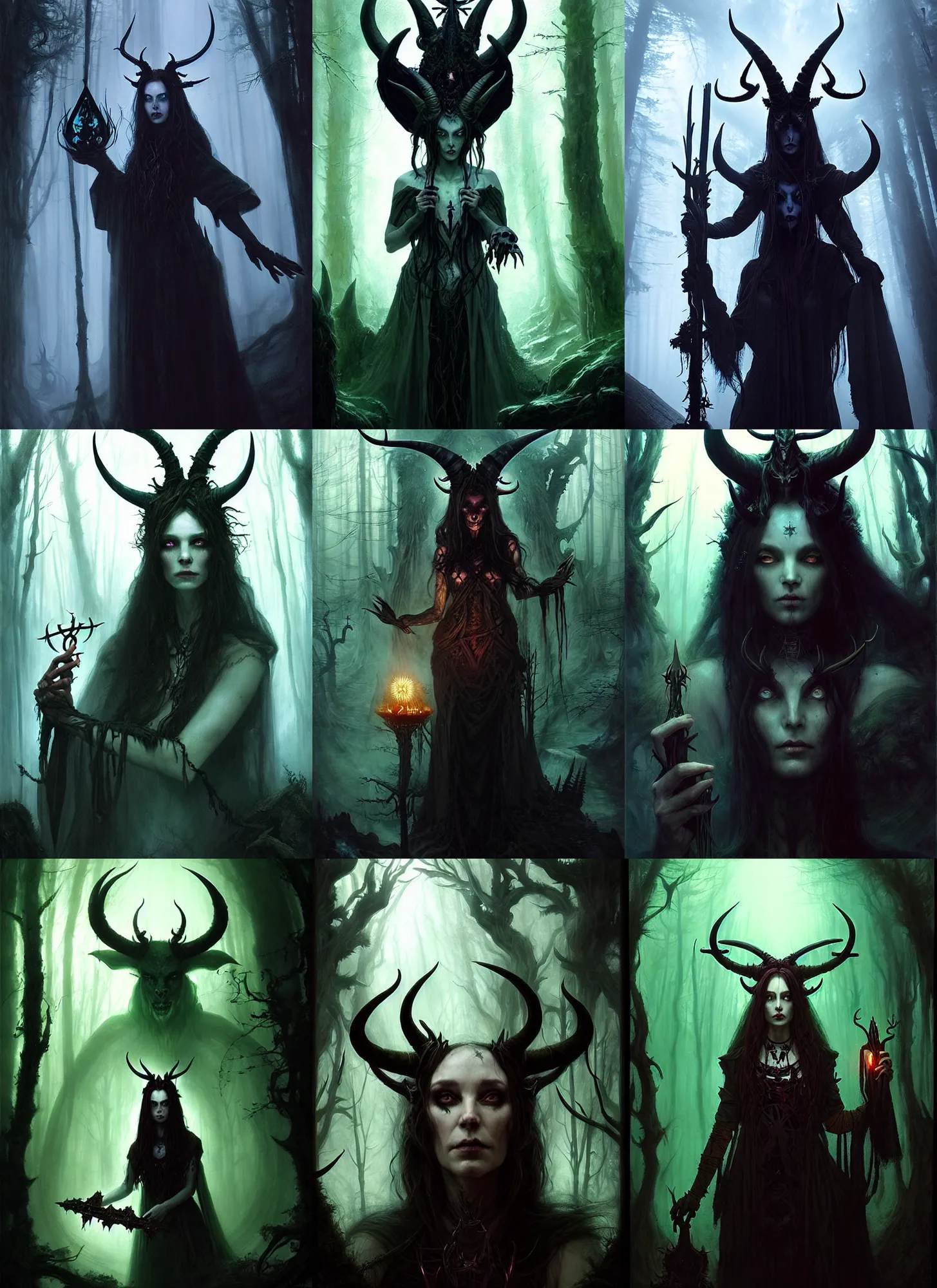 Prompt: a beautiful portrait of a satanic witch with horns in head holding a mystical device in a scenic dark forest environment by john howe and ruan jia and android jones, a cathedral in the dark woods, magic, apocalypse, occult, magic