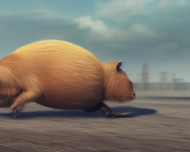 Image similar to capybara speeding in a covnertible, detailed capybara, octane render, photorealism, cgsociety