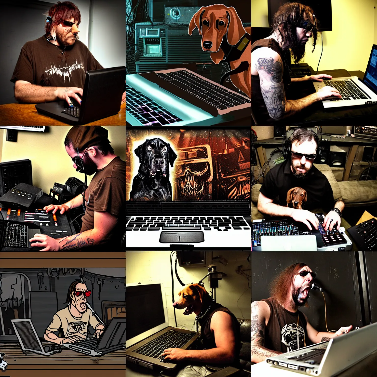 Image similar to the brown hound dog mad mutt mixing industrial music on a laptop in an apocalypsecore setting