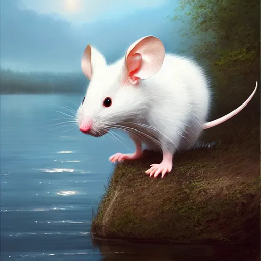 Prompt: animated white mouse with big ears portrait, dramatic light, lake background, 2 0 0 mm focal length, painted by stanley lau, painted by greg rutkowski, painted by stanley artgerm, digital art, trending on artstation