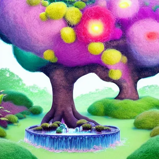 Image similar to a black girl with a colorful afro and big beautiful eyes meditating in an african zen garden with a waterfall!! and a baobab tree, bokeh!, bright colors, synthwave, watercolor, volumetric wool felting, felt, macro photography, children illustration, by goro fujita