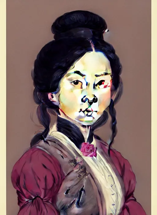 Prompt: a portrait of a young asian woman with a crooked nose in victorian clothing, confident pose, intricate, elegant, sharp focus, illustration, highly detailed, concept art, matte, trending on artstation, anime, art by james jean and artgerm and brian despain and alberto mielgo, greg rutkowski, wlop, ilya kuvshinov, strong strokes