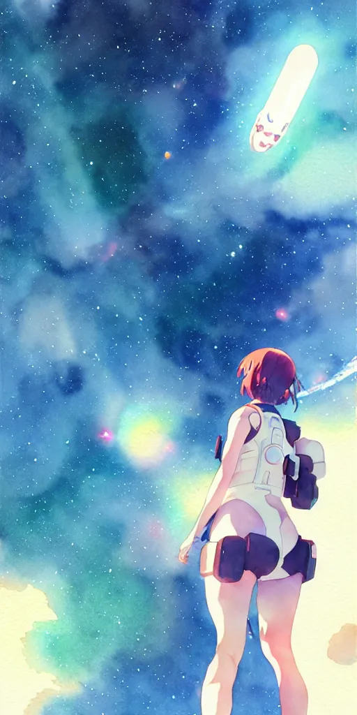 Image similar to oriental water color of a cute thicc astronaut woman, floating through space, backlit, by makoto shinkai and krenz cushart