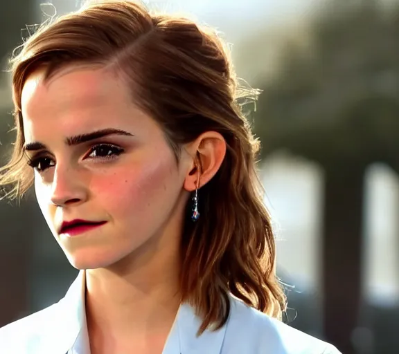 Prompt: color still shot of emma watson on bikini destinations tv show, face closeup,
