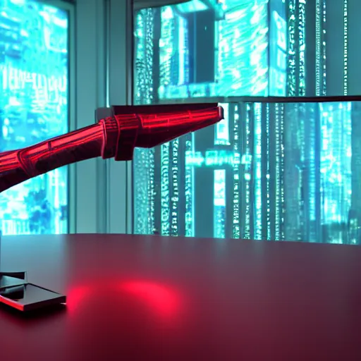 Image similar to cyberpunk red neon arm prostetic on an iron table, octane render, 3D, hard backlight, bokeh, !!!award-winning!!!