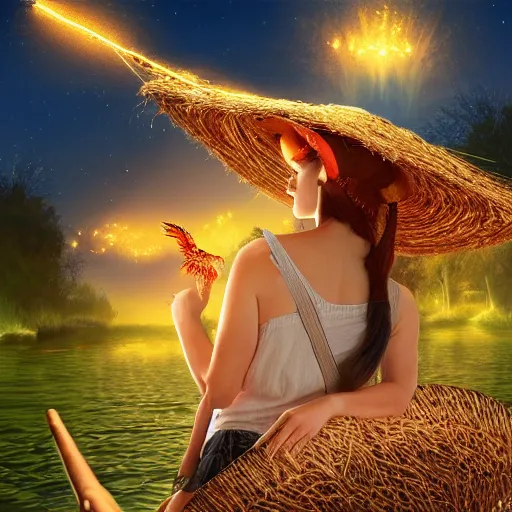 Prompt: digital art girl in straw hat with dragon tatoo with lights traveling around swamp in boat