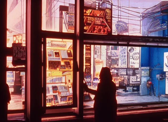 Prompt: cinematic shot of backlit windows of a narrow used electronics store where octavia spencer wanders the cramped messy aisles,, iconic scene from the paranoid thriller sci fi film directed by stanley kubrick, set in the near cyberpunk future, anamorphic cinematography, beautiful composition, color theory, leading lines, photorealistic, volumetric lighting