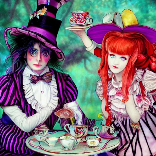 Image similar to 2 figures, Alice in Wonderland having a tea party with the Mad Hatter, in the style of Magic Realism, inspired by shoujo manga, harajuku street fashion, John Singer Sargent, Möbius, Neil Gaiman, yayoi kusama, Grimes, pastel goth, dramatic composition, ethereal, gradients and chromatic aberration effects, Victorian, moody, photorealistic 4k detail, Arnold render