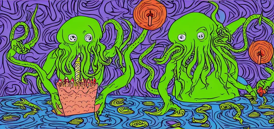 Prompt: Cthulhu laughing and blowing out the candles on his birthday cake, Mike Judge art style, 90's mtv illustration, surrealism, David Lynch film, fractal tile flooring, clean linework, vivid complementary colors