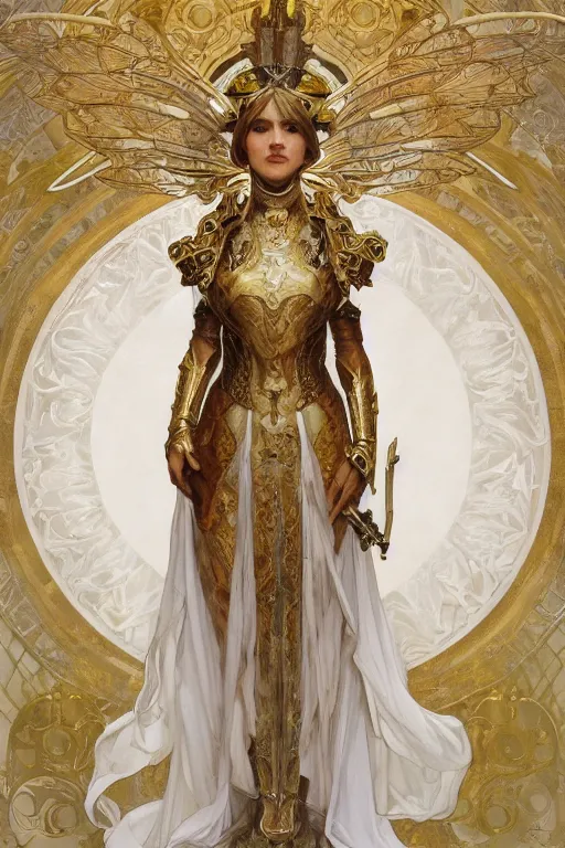 Image similar to full body portrait of a queen wearing white armor with ornate bronze and gold, white gossamer wings, art nouveau, profile, 4K, character concept art, oil painting, trending in artstation, cgsociety, by nekro, Alphonse Mucha, Artgerm, William-Adolphe Bouguereau, Greg Rutkowski