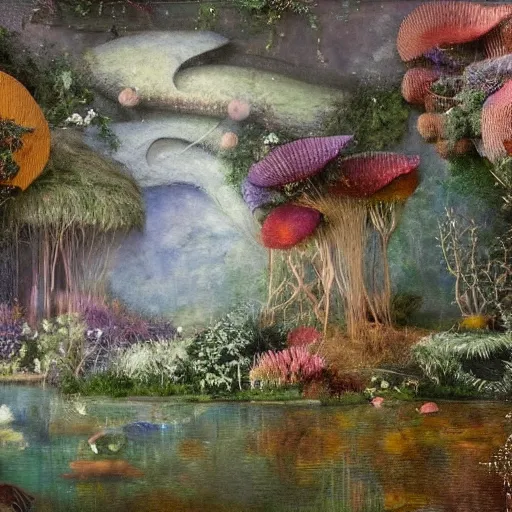 Image similar to A kinetic sculpture of a beautiful scene of nature. The colors are very soft and muted, and the overall effect is one of serenity and peace. The composition is well balanced, and the brushwork is delicate and precise. 1900s by Andreas Franke, by Peter Doig, by James Stokoe dreary, elaborate