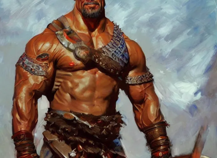 Image similar to a highly detailed beautiful portrait of dwayne johnson as kratos, by gregory manchess, james gurney, james jean