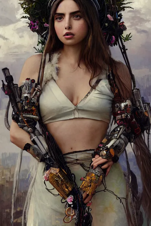 Image similar to medium body shot portrait of ana de armas, perfectly proportioned face by wlop, as a female mythical magical aztec warrior wearing a crown of long white cables and black peony flowers as a cyberpunk cyborg goddess, standing over a plain modern background, realistic and detailed, by aaron de leon, sandro boticelli, studio ghibli and alphonse mucha, hdr 8 k