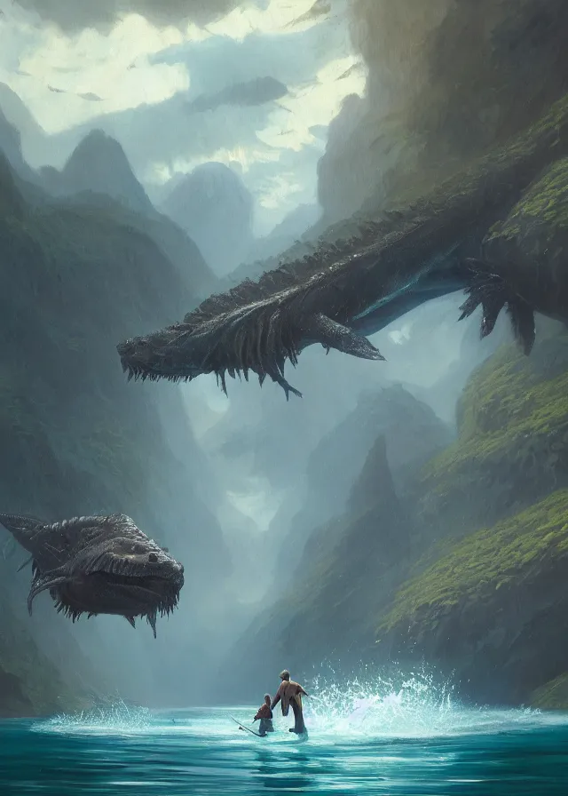 Prompt: a large aquatic beast in a fjord, extremely detailed oil painting, unreal 5 render, rhads, sargent and leyendecker, savrasov levitan polenov, bruce pennington, studio ghibli, tim hildebrandt, digital art, landscape painting, octane render, beautiful composition, trending on artstation, award winning photograph, masterpiece