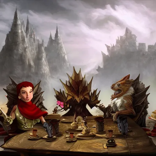 Prompt: matte painting of dragon slayer ornstein having a tea party with squirrels