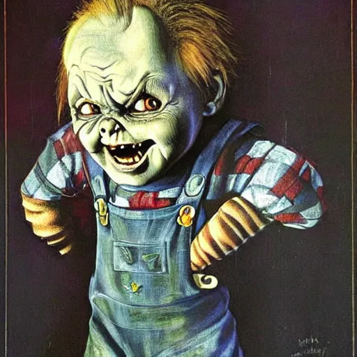 Prompt: fantasy painting of chucky by judson huss and henriette grindat and albrecht durer | horror themed | creepy