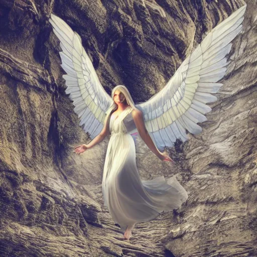 Prompt: A angelic woman with big wings flying out of a black ravine