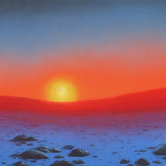 Prompt: a alien planet with a red ocean and blue sand and rocks at sunrise, bob ross painting, high coherence, highly detailed, high quality, masterpiece, award - winner, hyperrealistic