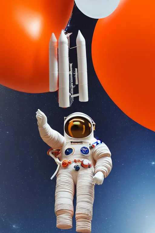 Prompt: still figurine of a tall giant inflated astronaut wearing over sized orange puffy bomber jacket, googly eyes, tareme eyes, personification, dynamic pose, detailed product photo, tone mapped, beautiful composition, 8 5 mm, f 5. 8, soft lighting